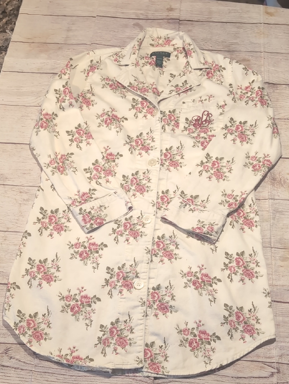 Lauren Ralph Lauren Floral Button Front Monogram Pocket Nightshirt Size S